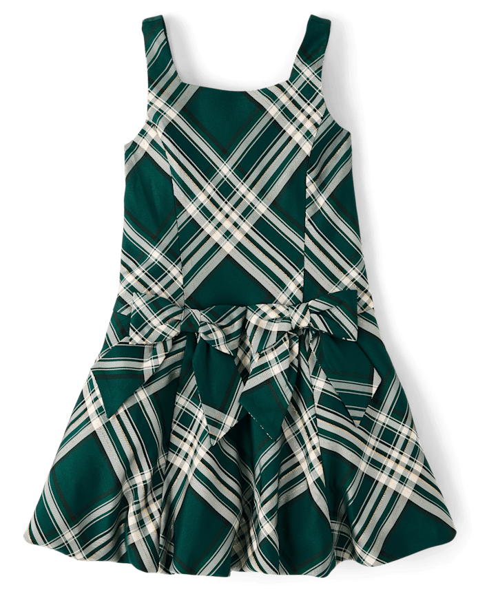 Girls Matching Family Plaid Bow Satin Bubble Dress