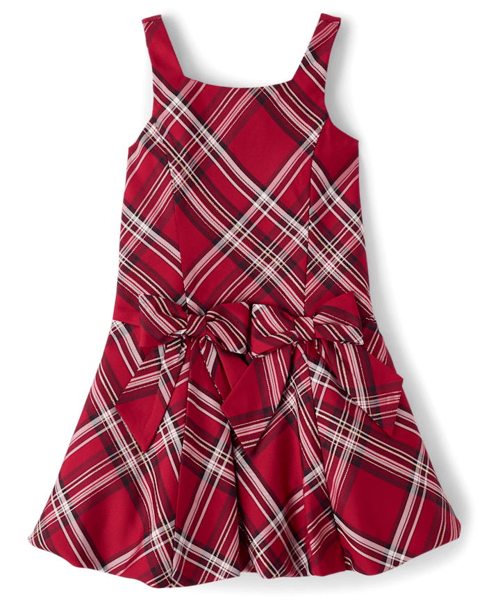 Girls Matching Family Plaid Bow Satin Bubble Dress