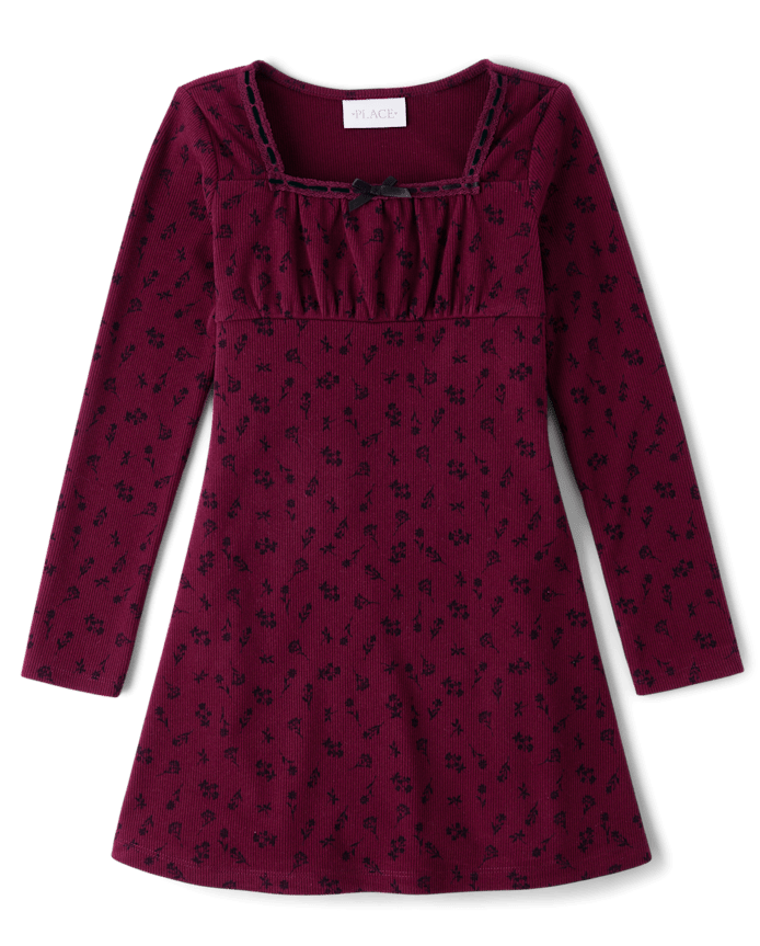 Robe droite côtelée en daim à fleurs pour fille
