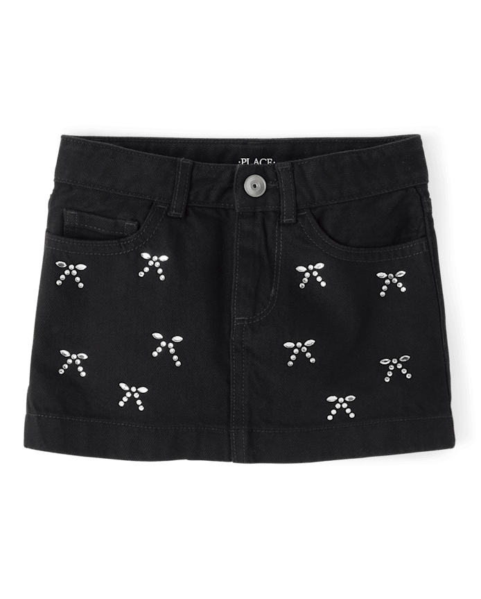 Girls Rhinestone Bow Denim Skirt