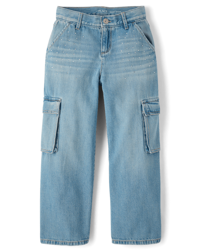 Girls Rhinestone Baggy Cargo Jeans
