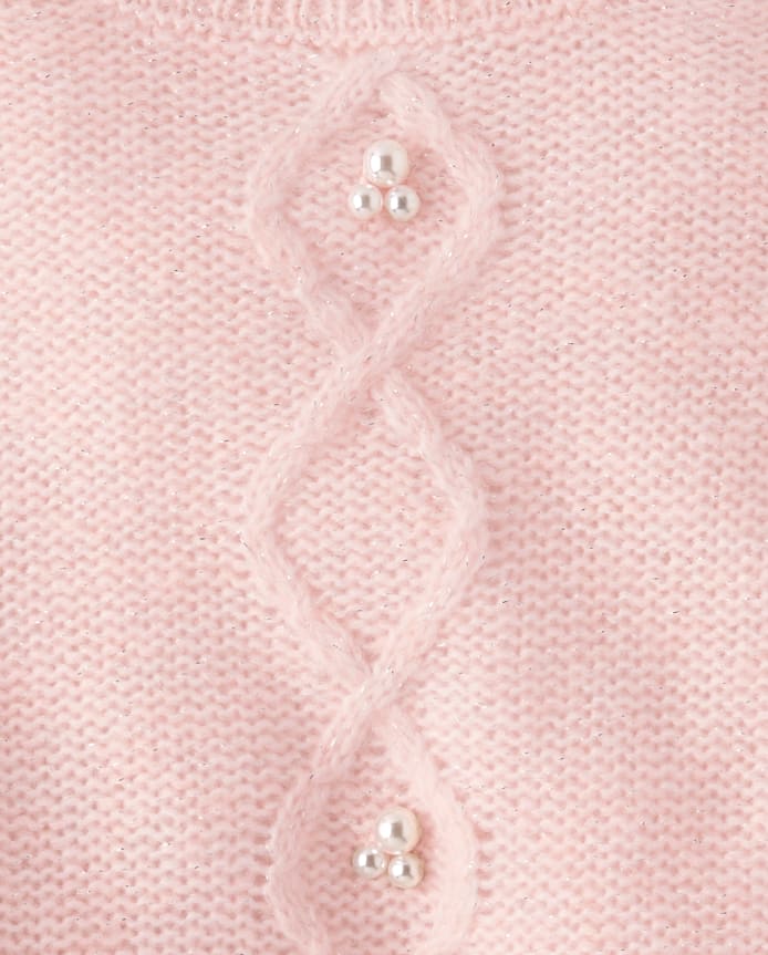 Girls Faux Pearl Cable Knit Cropped Sweater