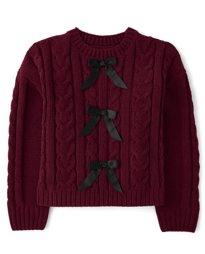 Girls Bow Cable Knit Chenille Sweater