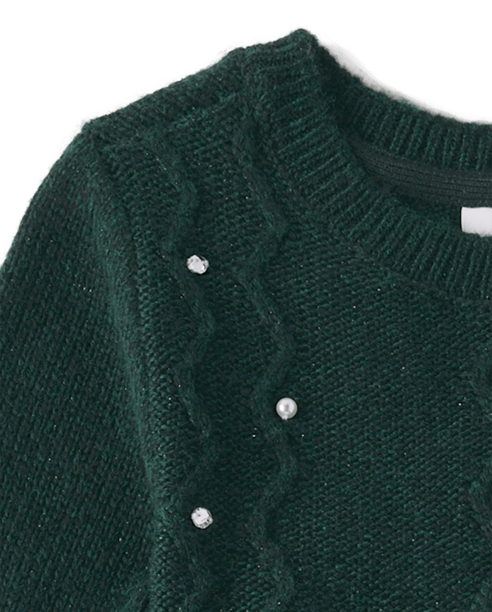 Girls Faux Pearl Cable Knit Sweater Dress