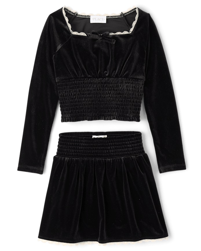 Ensemble 2 pièces en velours à smocks pour fille