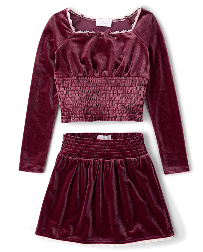 Girls Smocked Velour 2-Piece Outfit Set
