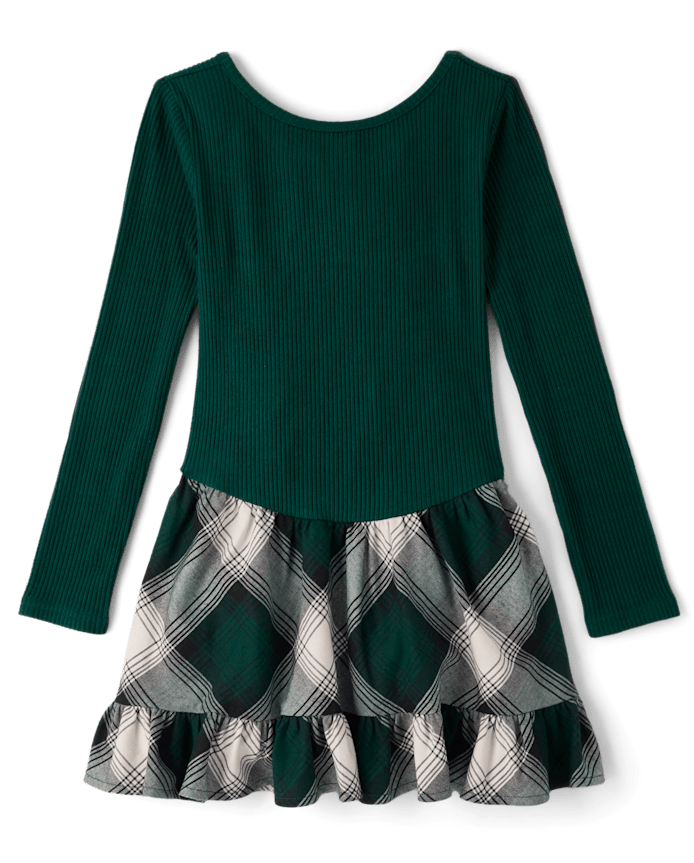 Girls Plaid Ribbed Drop Waist Dress