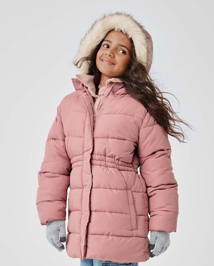Girls Heavyweight Faux Fur Lined Mid Length Puffer Jacket