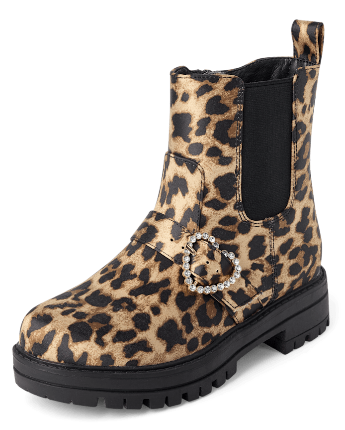 Girls Leopard Heart Chelsea Boots