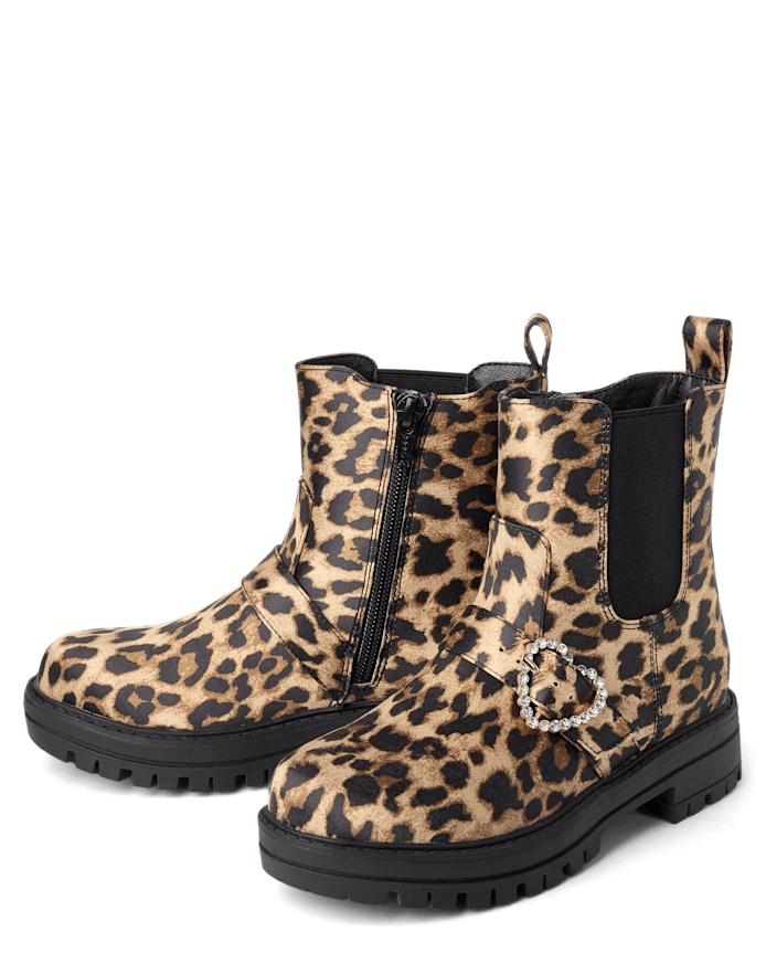 Girls Leopard Heart Chelsea Boots