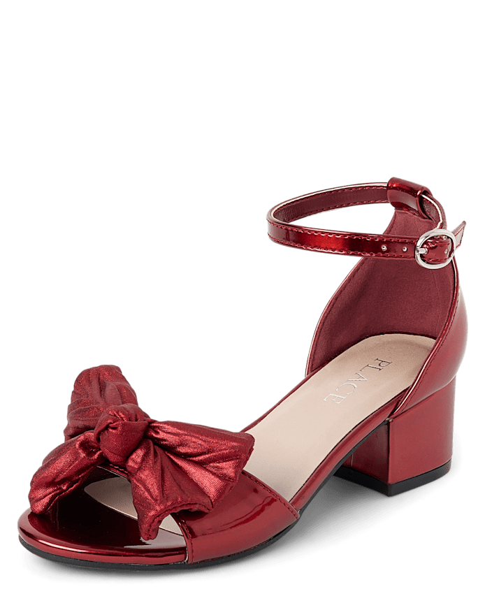 Girls Metallic Bow Block Heels