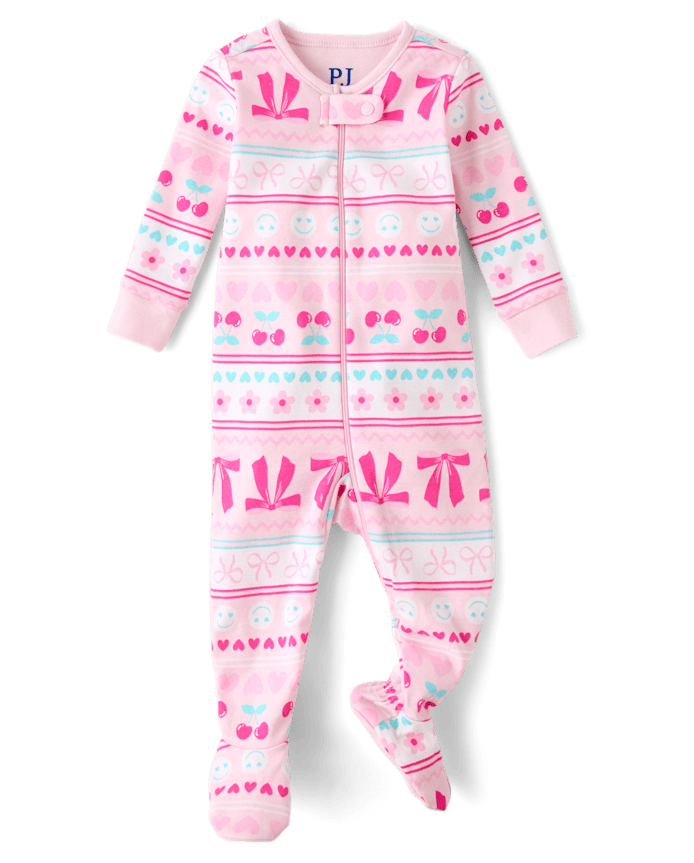 Baby And Toddler Girls Bow Fairisle Snug Fit Cotton Footed One Piece Pajamas