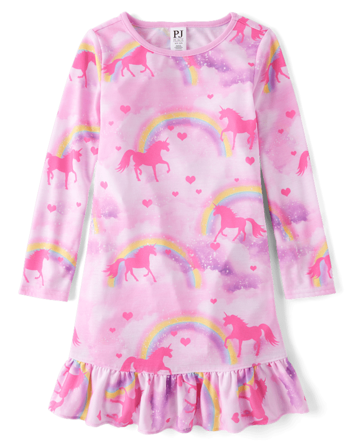 Girls Rainbow Unicorn Ruffle Nightgown