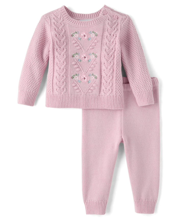 Baby Girls Embroidered Floral Cable Knit Sweater 2-Piece Playwear Ser