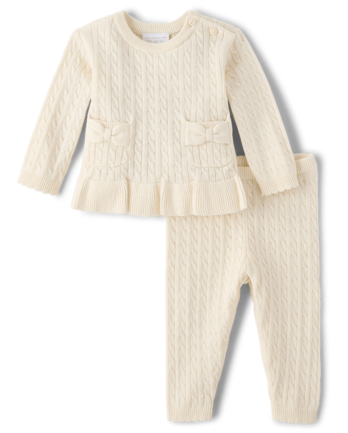 Ensemble de jeu 2 pièces pour bébé fille avec pull en maille torsadée et nœud