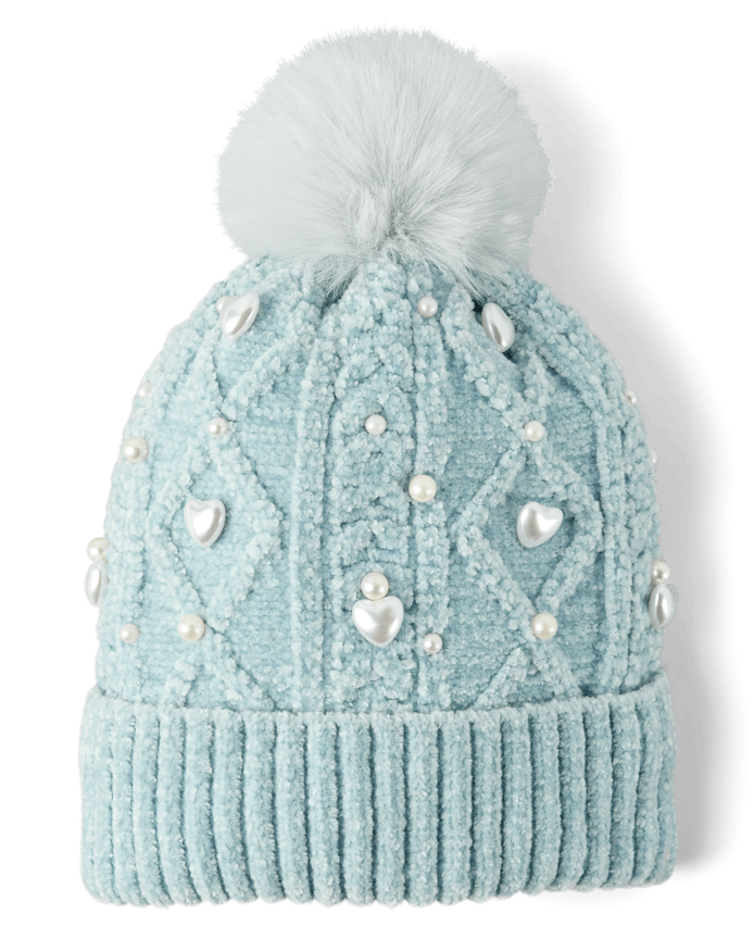 Girls Cable Knit Faux Pearl Pom Beanie