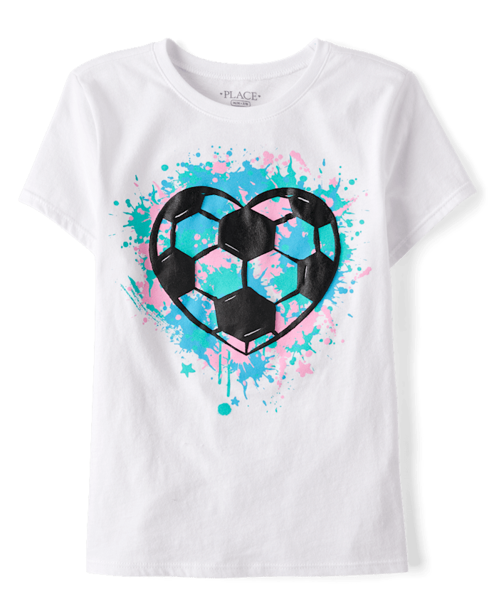 Girls Soccer Ball Heart Puff Print Graphic Tee