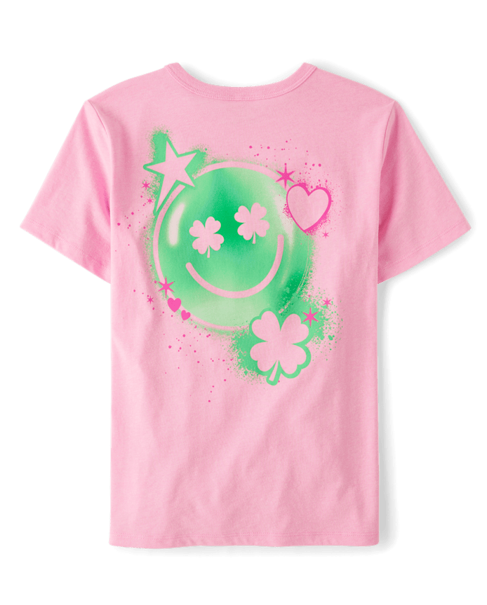 Girls St. Patrick's Day Happy Face Front And Back Oversized Graphic Tee