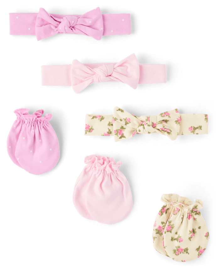 Baby Girls Floral Headwrap And Mittens 6-Pack