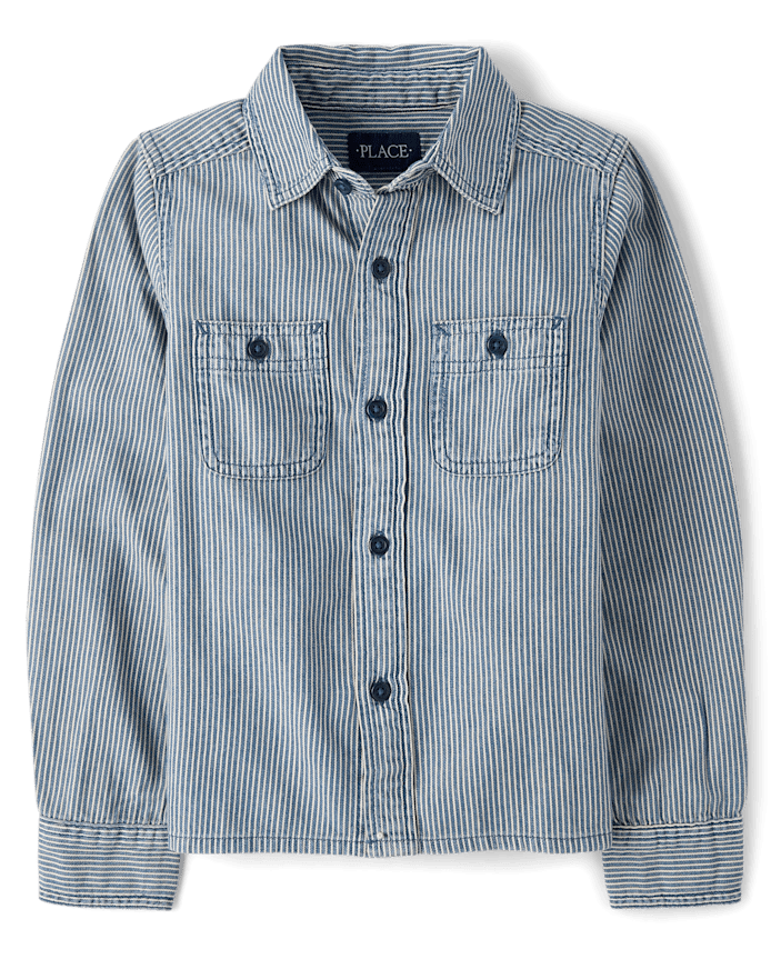 Boys Railroad Stripe Denim Button Up Shirt