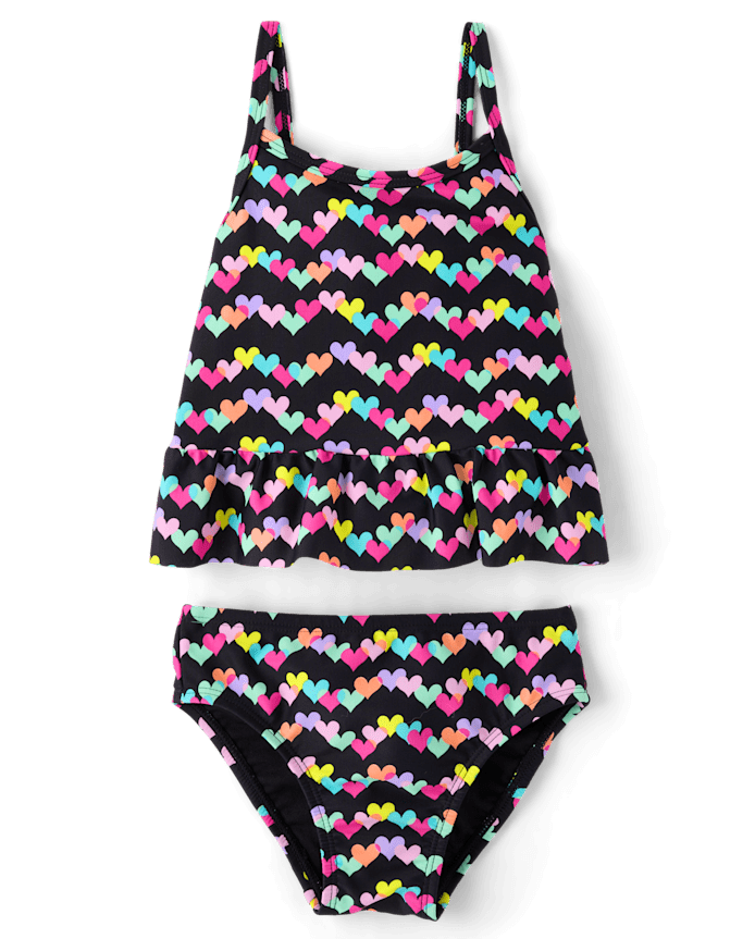 Baby And Toddler Girls Rainbow Heart Peplum Tankini Swimsuit