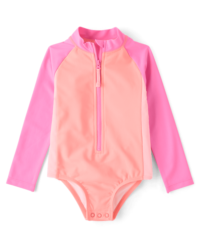 Baby And Toddler Girls Colorblock Half Zip Rashguard One Piece Swimsuit