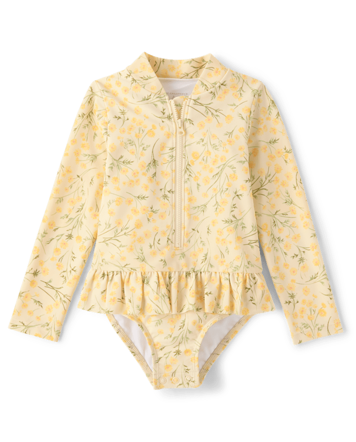 Baby And Toddler Girls Floral Half Zip Rashguard One Piece Swimsuit