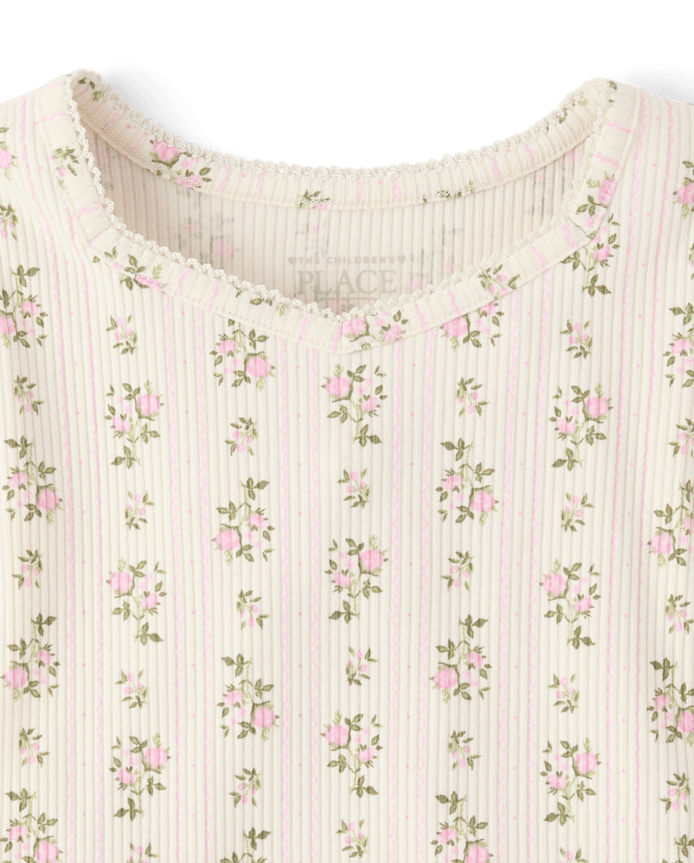 Girls Floral Ribbed Lettuce Tee