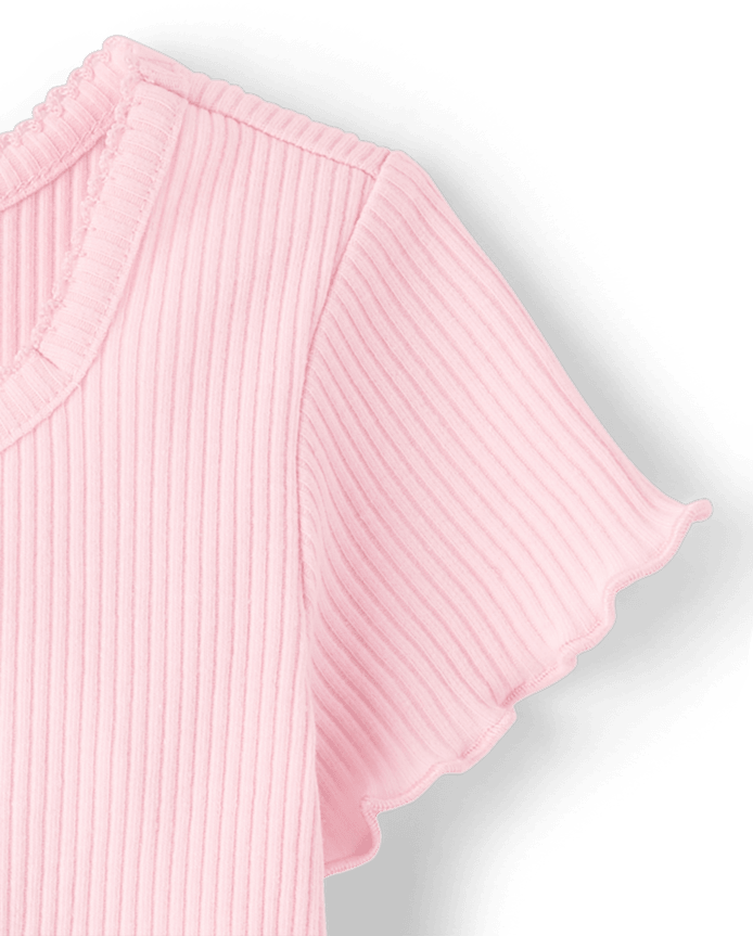 Girls Embroidered Bow Ribbed Lettuce Tee