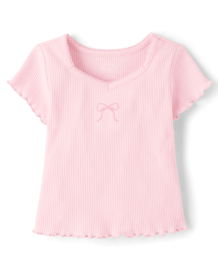 Girls Embroidered Bow Ribbed Lettuce Tee