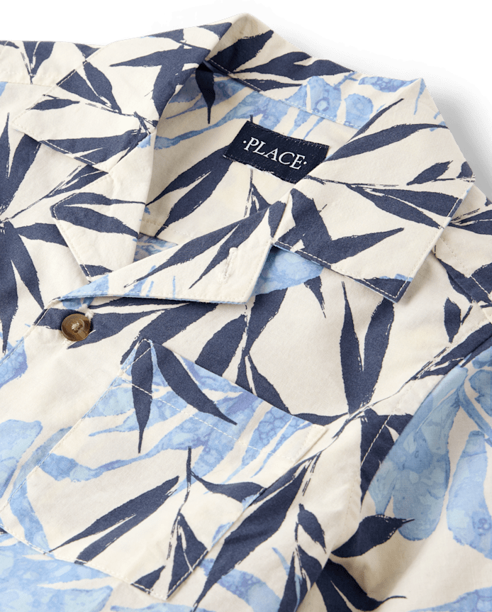 Boys Tropical Leaf Poplin Button Up Shirt
