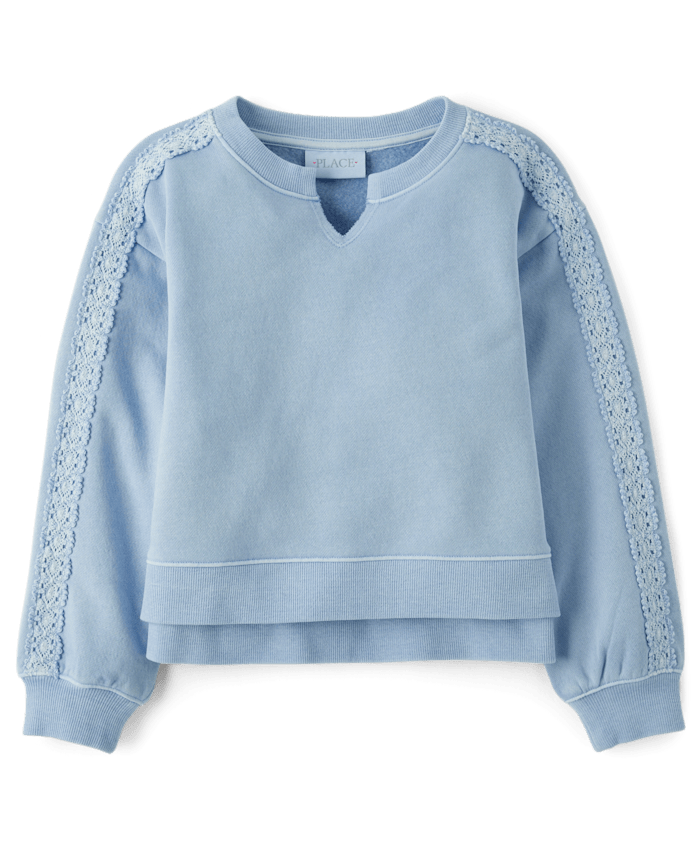 Girls Garment Dyed Crochet Lace Premium Fleece Sweatshirt