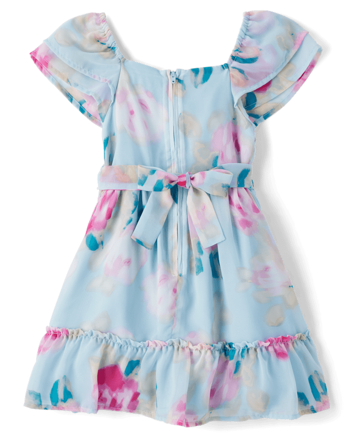 Girls Floral Chiffon Ruffle Dress