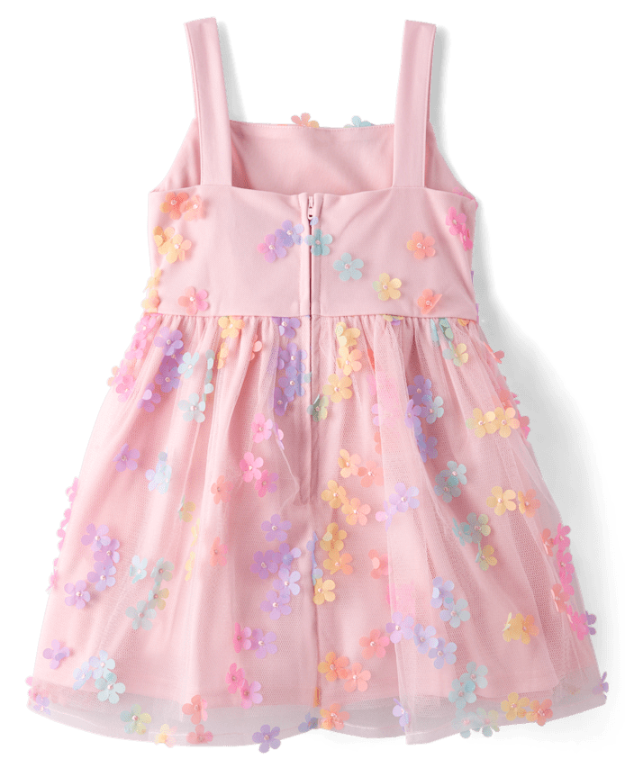 Girls Rainbow 3D Floral Mesh Fit And Flare Dress