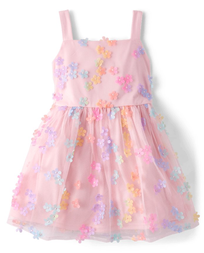 Girls Rainbow 3D Floral Mesh Fit And Flare Dress