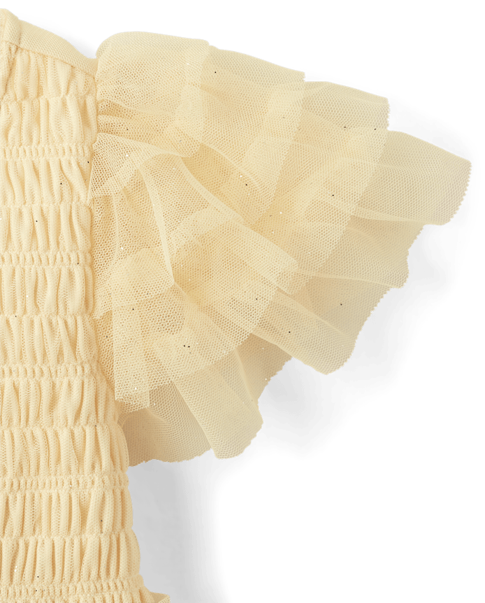 Girls Glitter Smocked Mesh Ruffle Dress