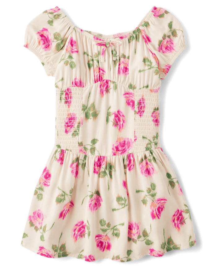 Girls Floral Smocked Puff Sleeve Dress