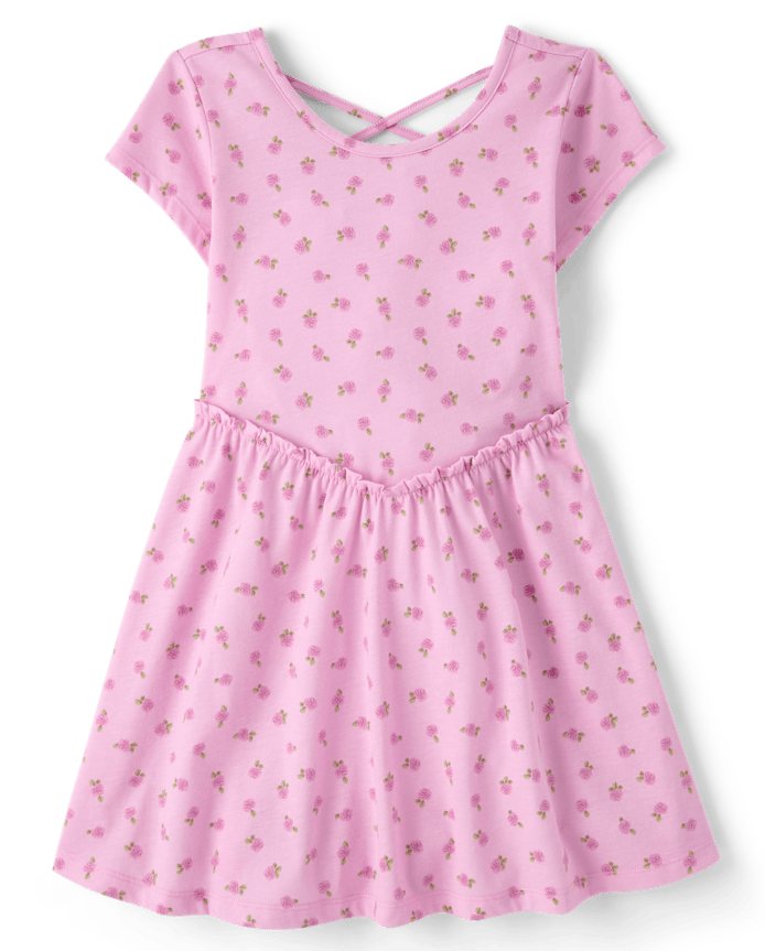 Girls Floral Cross Back Ruffle V-Waist Dress