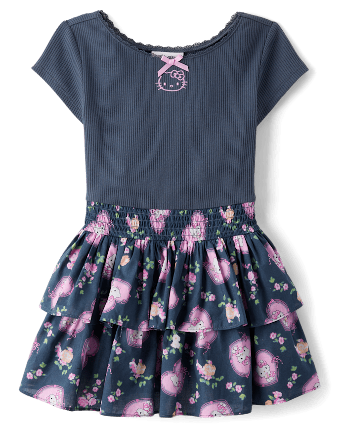 Girls Hello Kitty® Embroidered Tiered Fit And Flare Dress