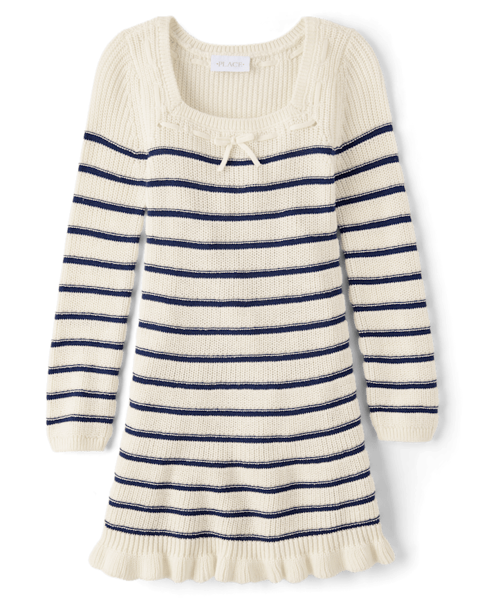 Girls Striped Bow Sweater Dress