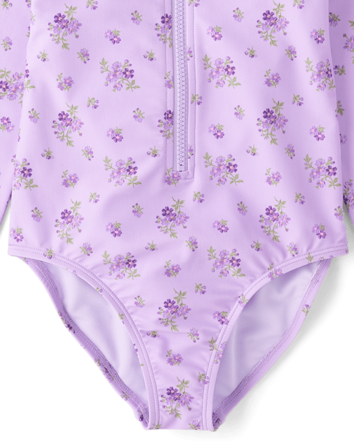 Girls Floral Half Zip Rashguard One Piece Swimsuit