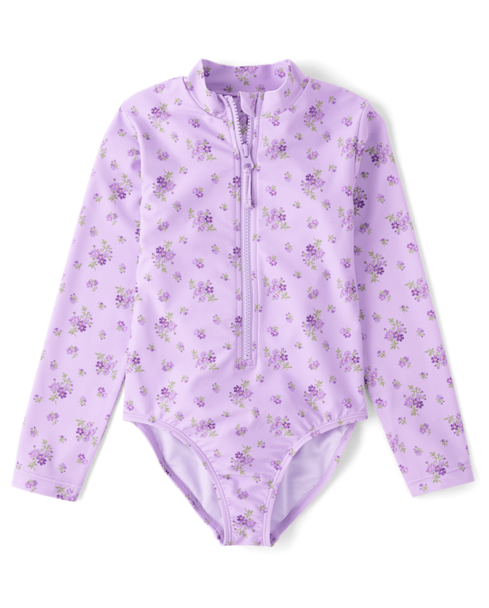 Girls Floral Half Zip Rashguard One Piece Swimsuit
