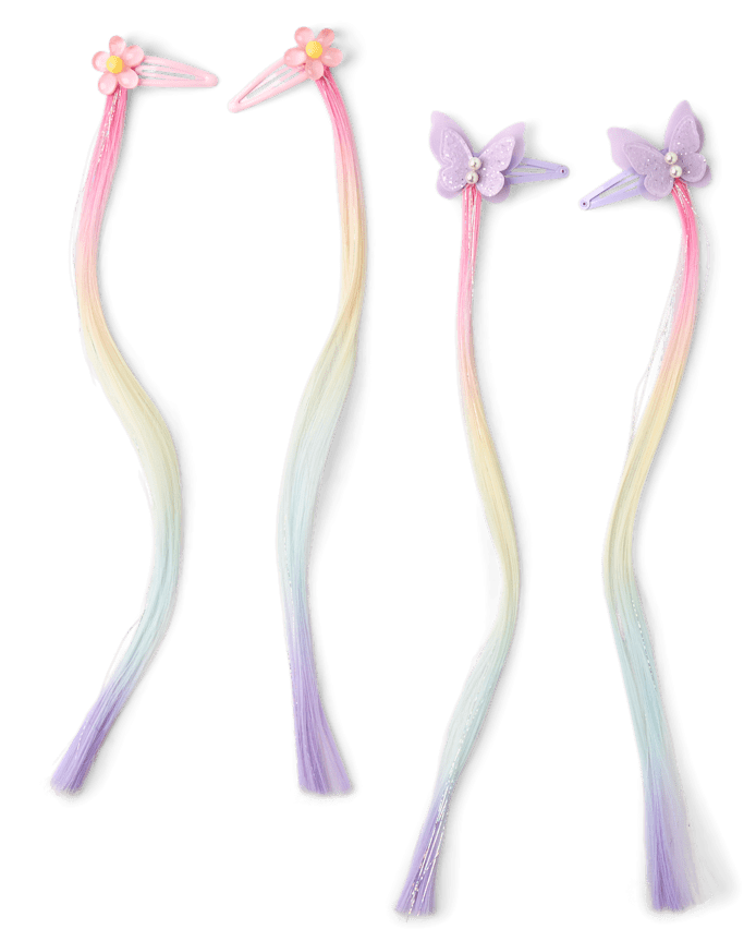Girls Butterfly Rainbow Faux Hair Extension Hair Clip 4-Pack