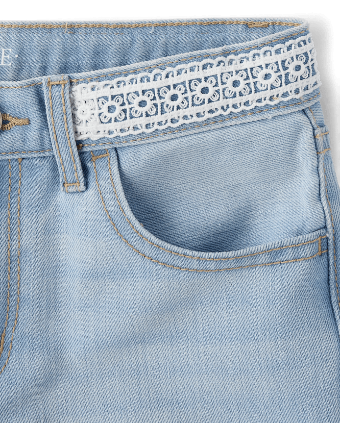 Girls Embroidered Floral Relaxed Denim Midi Shorts