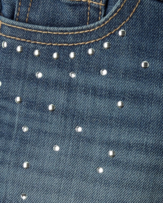 Girls Rhinestone Studded Midi Jean Shorts