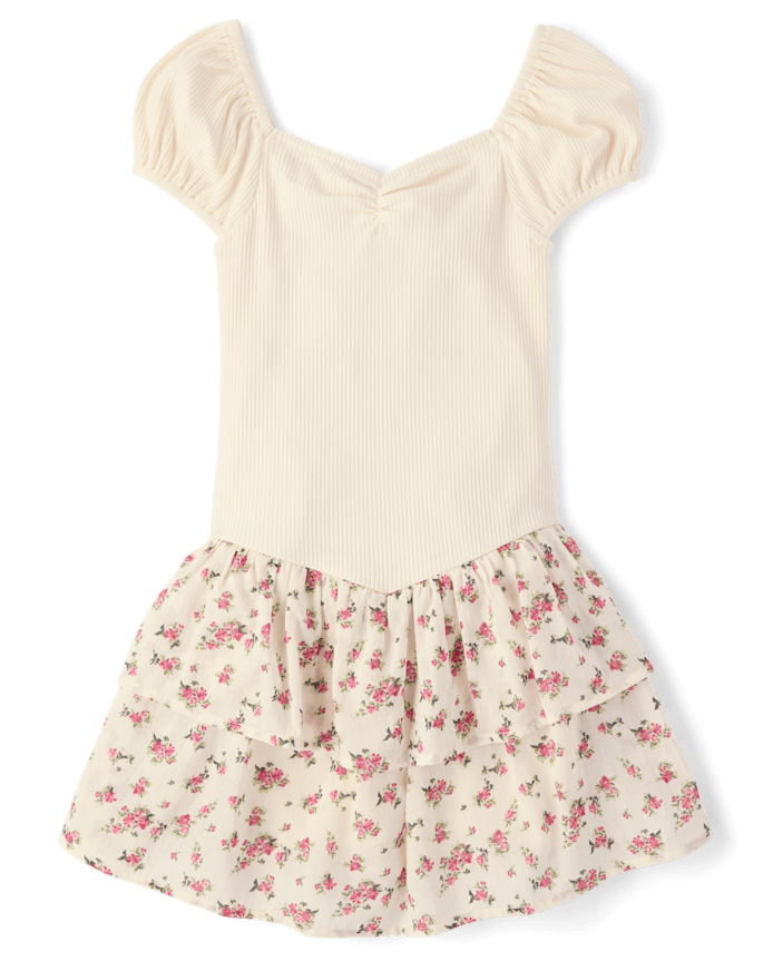Girls Floral Tiered V-Waist Dress
