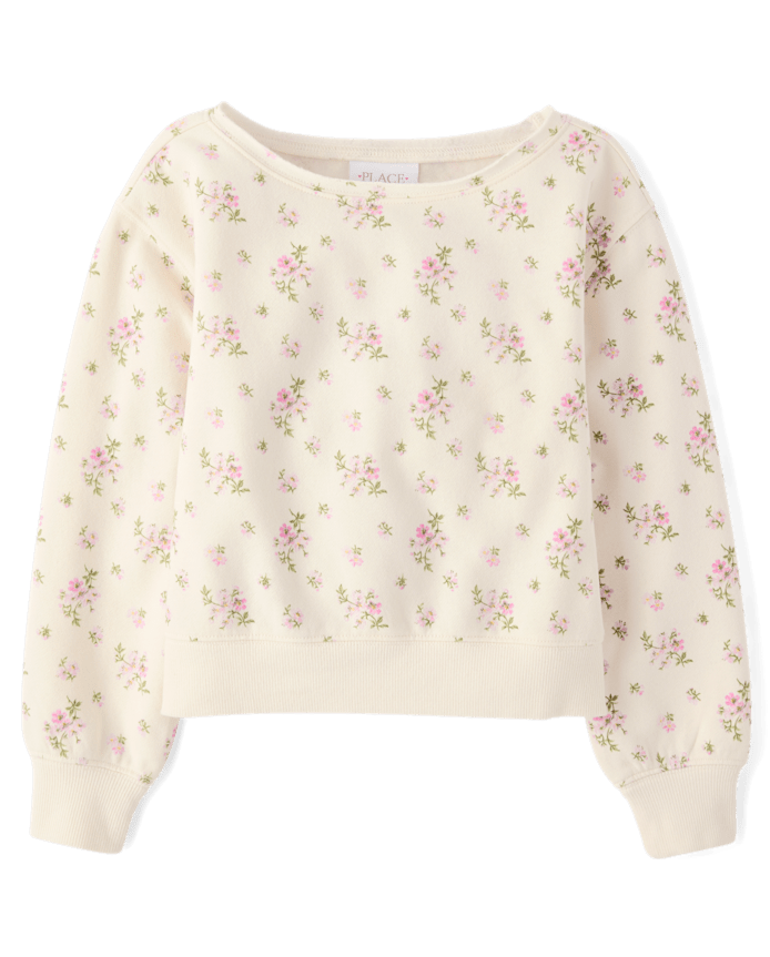 Girls Floral Off Shoulder Fleece Sweatshirt