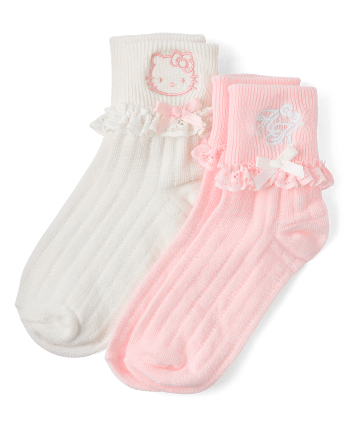Girls Hello Kitty® Embroidered Ruffle Pointelle Turn Cuff Socks 2-Pack
