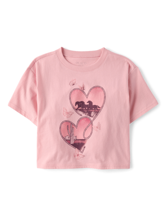Girls Western Hearts Relaxed Cropped Graphic Tee