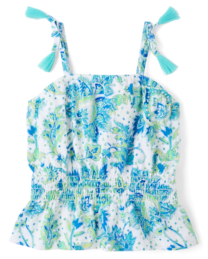 Girls Paisley Tassel Bow Shoulder Tank Top